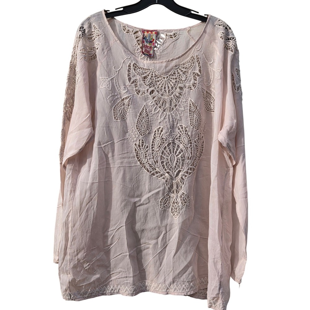 Johnny Was Boho Embroidered Airy Coastal Light Blush Pink Lace Top Medium Long